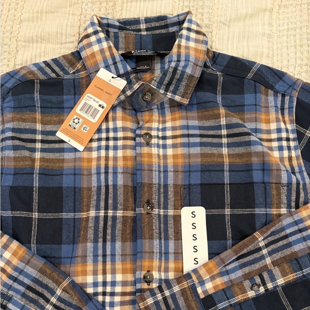 Eddie Bauer Blue Plaid Flannel Button Down Shirt Men’s Small NWT MSRP $80